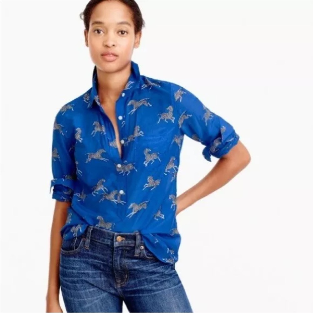 J. Crew Classic Popover Silk Blend Zebra Print Top